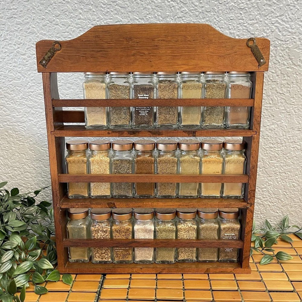 Vintage Crystal Food Products Wooden Spice Rack 3 Tier 23 Glass Cooper Tone Lids - Picture 2 of 9